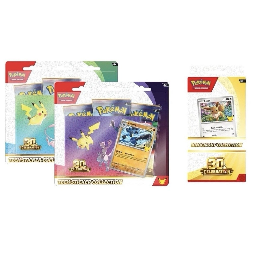 Pokemon 30th Anniversary Tech Sticker (2) and 1 Knock Out Collection Box SEALED